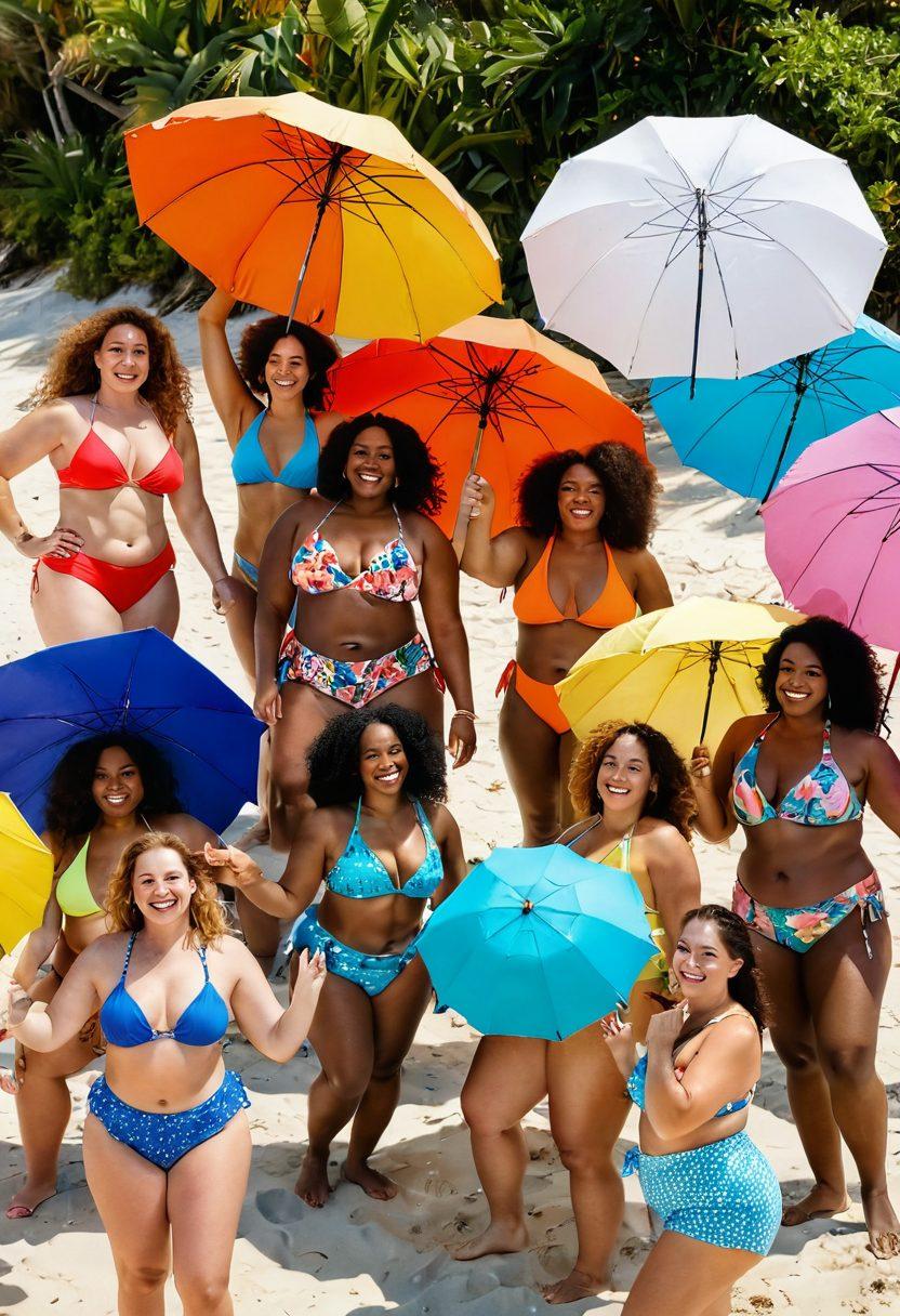 A confident, diverse group of women of varying body shapes, joyfully flaunting colorful bikinis on a sunny beach. The scene captures the essence of body positivity, with laughter and smiles, surrounded by playful beach umbrellas and tropical plants. Add vibrant ocean waves and a clear blue sky in the background for a lively atmosphere. Create an inviting and empowering vibe that celebrates curves. bright colors. vibrant beach setting.